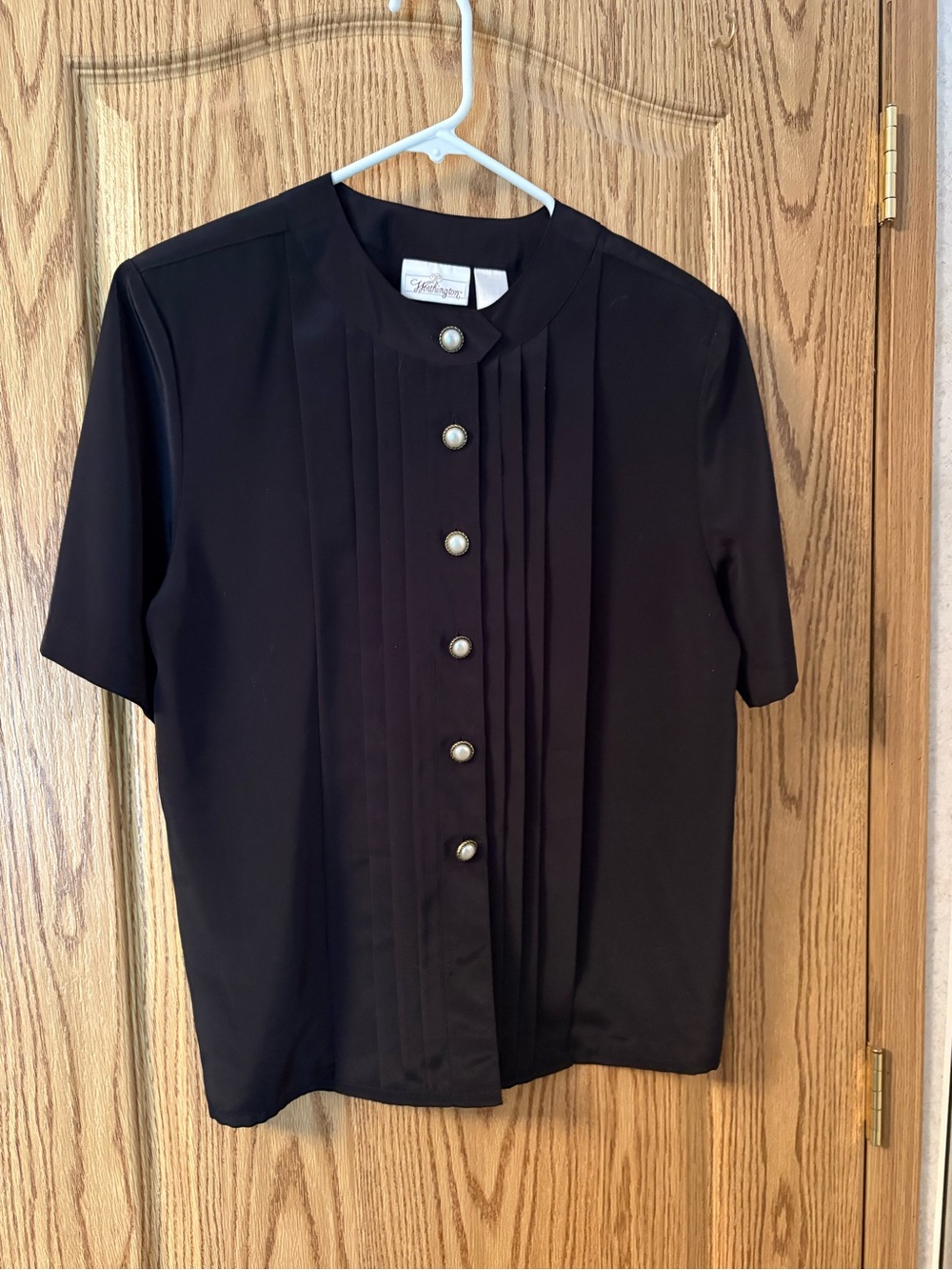 Worthington Black Short-Sleeve Pleated Front Blouse with pretty Pearl Buttons